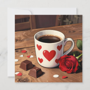 Rote Rose, Pralinen und Kaffee Valentinstag Feiertagskarte
