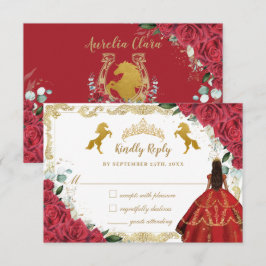 Rote Rose Quinceañera Charro Goldener Pferdeschuh RSVP Karte