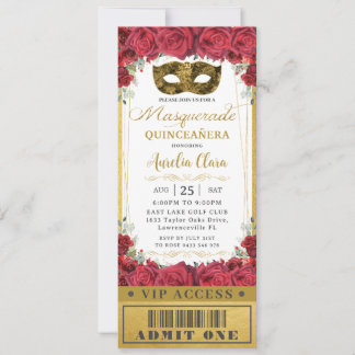Rote Rose Quinceañera Masquerade VIP Ticket Einladung