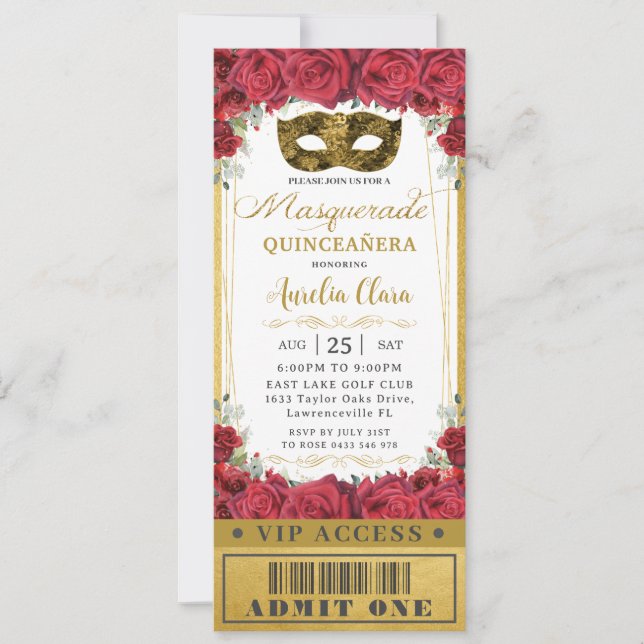 Rote Rose Quinceañera Masquerade VIP Ticket Einladung (Vorderseite)