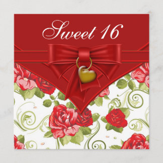 Rote Rose Red Gold 16 . Geburtstag Geburtstagspart Einladung