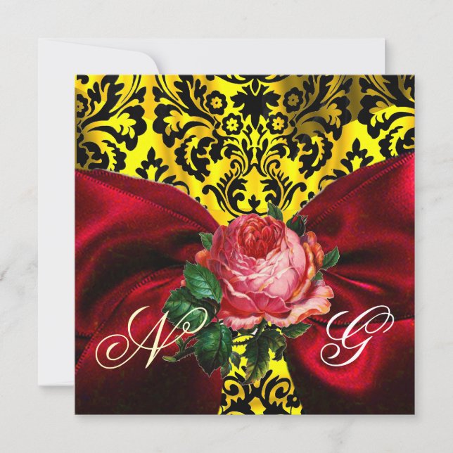 ROTE ROSE RIBBON GOLD YELLOW BLACK DAMASK MONOGRAM EINLADUNG (Vorderseite)