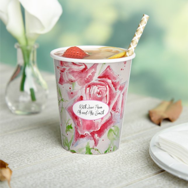 Rote Rose Rose Blume Muster Wasserfarbenhochzeit Pappbecher (In Situ)