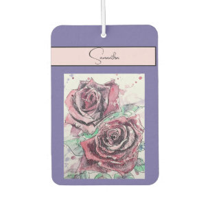 Rote Rose Rosen Blumen Aquarell Floral Lila Kunst Autolufterfrischer