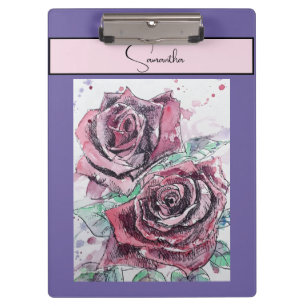 Rote Rose Rosen Blumen Aquarell Floral Lila Kunst Klemmbrett