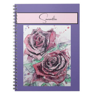 Rote Rose Rosen Blumen Aquarell Floral Lila Kunst Notizblock