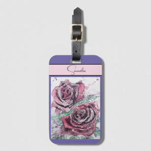 Rote Rose Rosen Blumen Wasserfarbe Floral Lila Kun Gepäckanhänger
