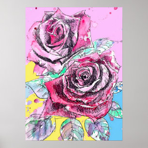 Rote Rose Rosen Florale Blumen Wasserfarben Poster