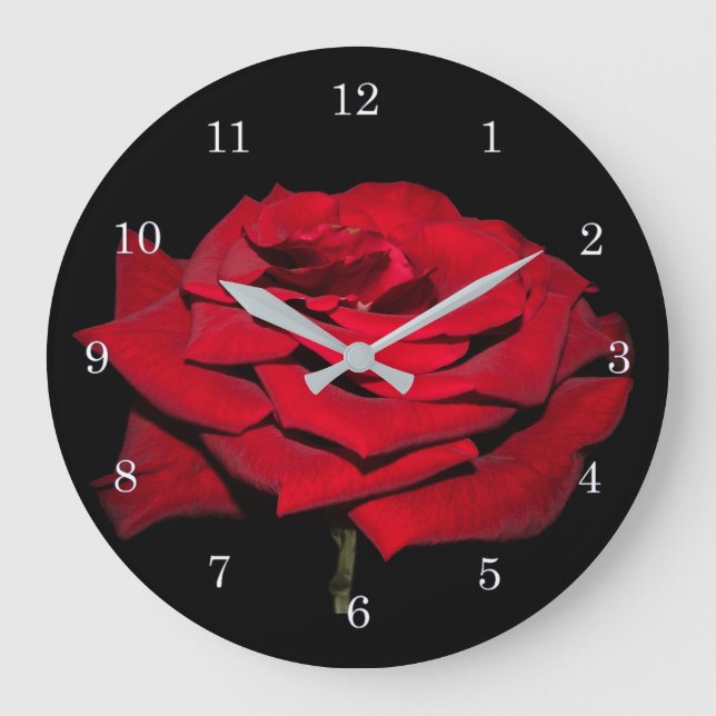 Rote Rose - Schwarz Große Wanduhr (Vorderseite)