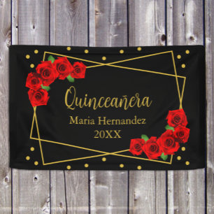 Rote Rose Schwarz und Gold Quinceañera Banner
