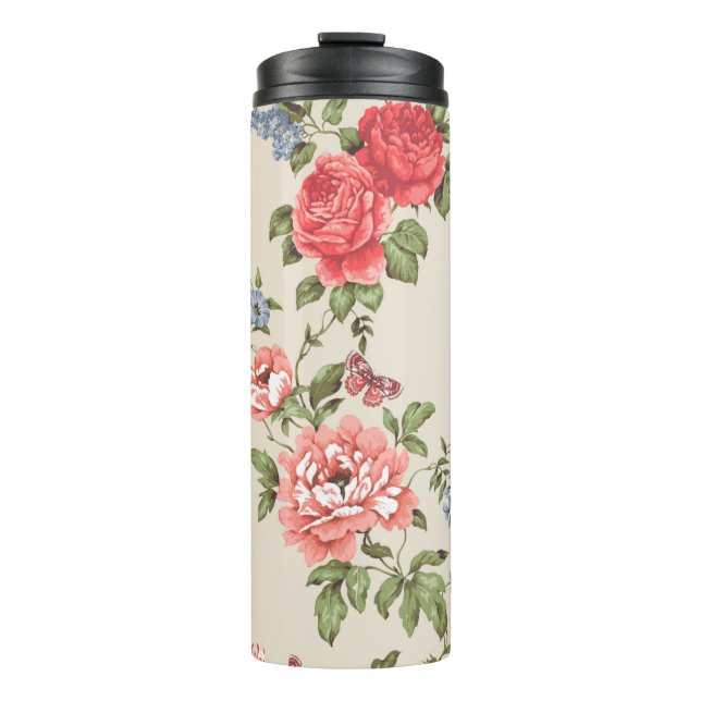 ROTE ROSE SEAMLESS PATTER MIT BLUE BELLSpattern,f Thermosbecher (Vorderseite)