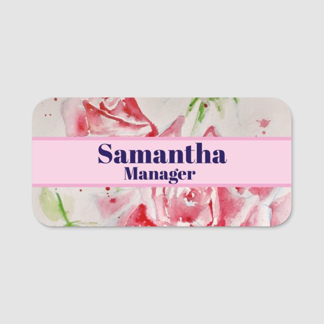 Rote Rose Shabby Chic Aquarellfarben Rose Rosa Blü Namensschild (Vorderseite)