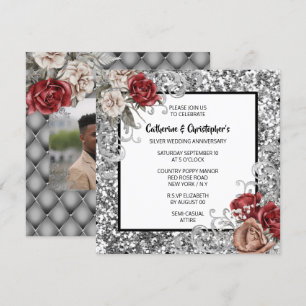 Rote Rose Silber Glitter Schimmer Vintage Rosen ch Einladung