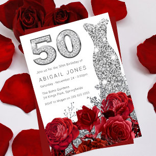 Rote Rose Silver Diamonte Kleid 50. Geburtstag Einladung