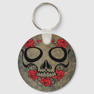 Rote Rose Skull Button Schlüsselanhänger