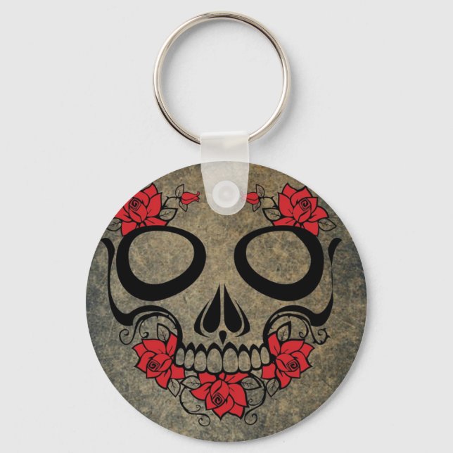 Rote Rose Skull Button Schlüsselanhänger (Vorderseite)