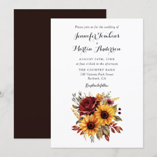 Rote Rose Sonnenblumen Herbst Blumenhochzeit Einladung