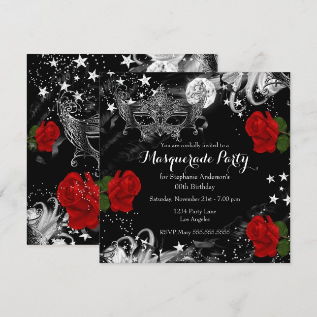 Rote Rose Starry Magical Night Masquerade Party Einladung (Vorne/Hinten)