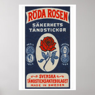Rote Rose - Streichholzschachtel-Druck - Schweden- Poster