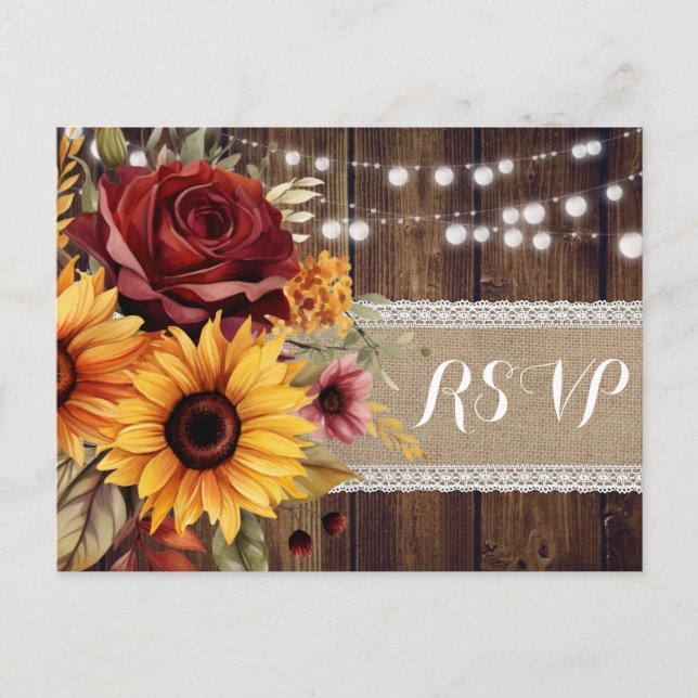 Rote Rose Sunflower Rustic Wedding RSVP Postcard Einladungspostkarte (Vorderseite)