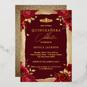 rote Rose Tiara Quinceanera Geburtstag Folieneinladung