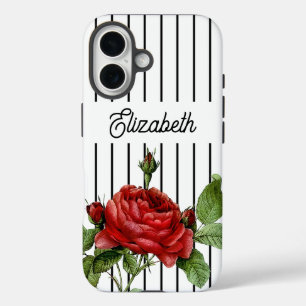 Rote Rose Trendy Black and White Pinstripes Streif iPhone 16 Hülle