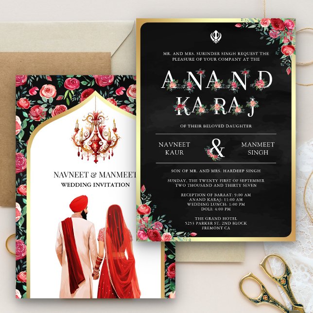 Rote Rose Typografie Black Anand Karaj Sikh Weddin Einladung (Von Creator hochgeladen)