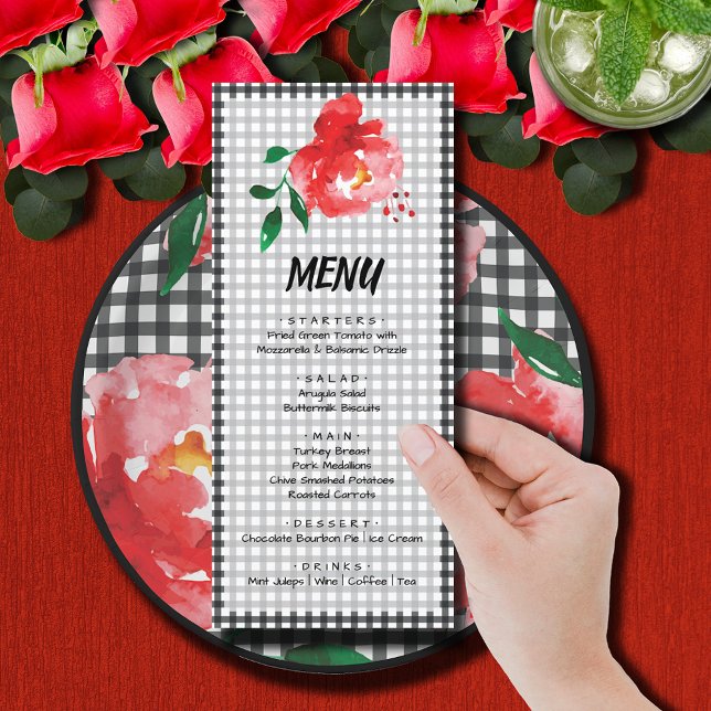 Rote Rose über Schwarz-Weiß-Gingham-Karo Derby Menükarte (Red rose on black and white gingham Derby part menu cards (plates sold separately))