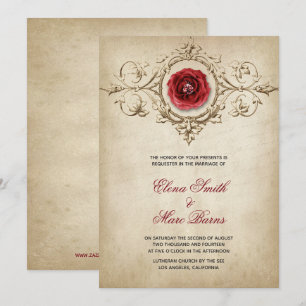 Rote Rose und Beige-Zierhochzeit Einladung
