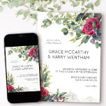Rote Rose und Eukalyptus Einfache Hochzeit Einladung<br><div class="desc">Rote Rose Hochzeitseinladung mit Aquarellfarben-rote Rosen,  Eukalyptus-Blätter und einfachem,  modernem typografischem Layout. Die Vorlage ist für Sie bereit,  Ihre Einladung Details der Vorderseite sowie die Braut und Bräutigam Monogramm Initialen auf der Rückseite hinzuzufügen. Botanische Blumen laden zum romantischen Blumengarten und zur modernen Eleganz ein.</div>