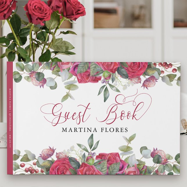Rote Rose und Eukalyptus Elegante Gästebuch (Red floral Guest Book with elegant calligraphy. Lovely keepsake .. easy to customize for any event.)