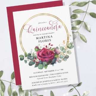 Rote Rose und Eukalyptus Elegante Quinceanera Einladung