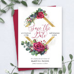 Rote Rose und Eukalyptus Elegantes Quinceanera Save The Date<br><div class="desc">Rote Rose und Eukalyptus Quinceanera Save the Date - die Sie leicht zu ändern, um Anzug jeder Gelegenheit! Das Design besticht durch elegante Kalligraphie, Blume der Rose, Eukalyptus-Blätter und Grünpflanzen. Die Blumenanordnung ist Set in einem goldgeometrisch geformten Rahmen in Diamantform. Wenn Sie passende Produkte wünschen, durchsuchen Sie bitte meine Sammlung...</div>