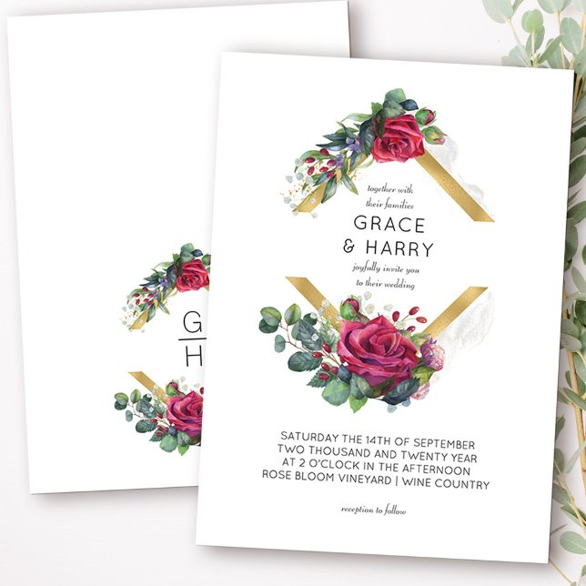 Rote Rose und Eukalyptus Gold Diamantrahmen Hochze Einladung (Monogrammed wedding invitation from my Red Rose and Eucalyptus collection)