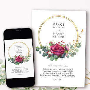 Rote Rose und Eukalyptus Gold Frame Wedding Einladung