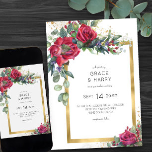 Rote Rose und Eukalyptus Goldrahmen-Hochzeit Einladung