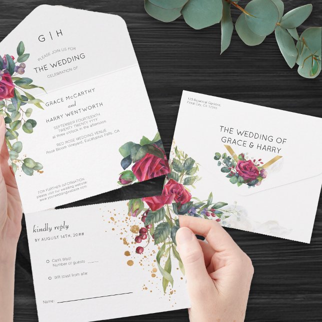 Rote Rose und Eukalyptus Wedding All In One Einladung (Romantic wedding invitation with tear-off RSVP card - Red Rose and Eucalyptus Wedding Collection)