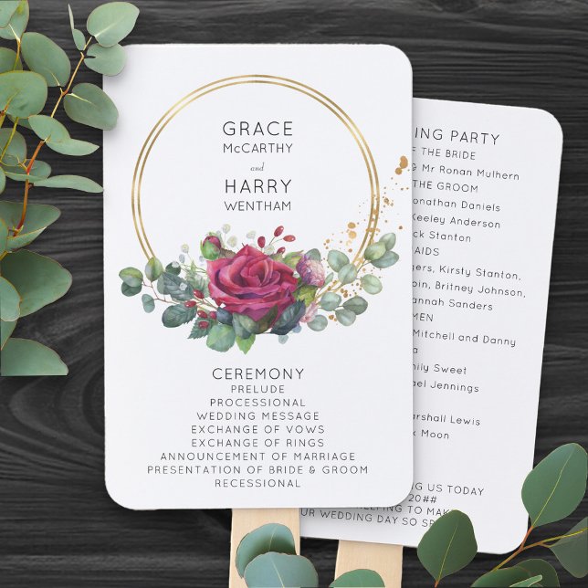 Rote Rose und Eukalyptus Wedding Program Handfan Fächer (Romantic floral wedding program fans from my Red Rose and Eucalyptus Wedding Collection)