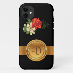 Rote Rose und Gänseblümchen goldenes Monogramm Nam iPhone 11 Hülle
