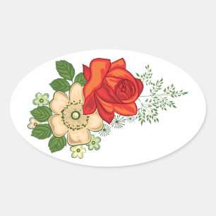 Rote Rose und Gänseblümchen Ovaler Aufkleber