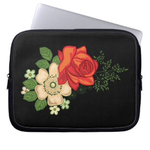 Rote Rose und Gänseblümchen schwarzer Hintergrund Laptopschutzhülle