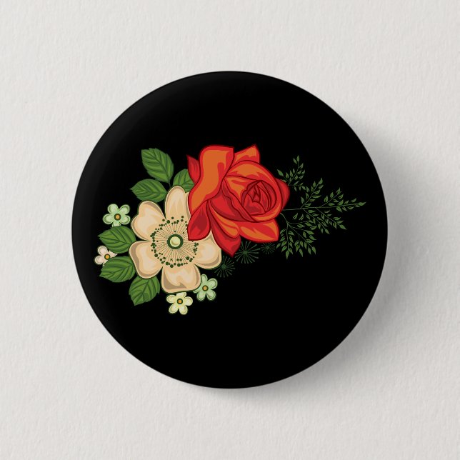 Rote Rose und Gänseblümchen vor schwarzem Hintergr Button (Vorderseite)