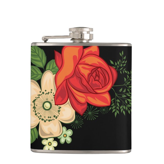 Rote Rose und Gänseblümchen vor schwarzem Hintergr Flachmann (Vorderseite)