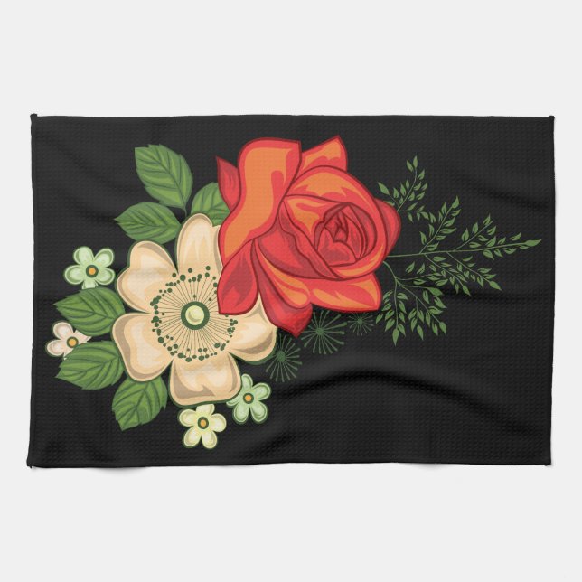 Rote Rose und Gänseblümchen vor schwarzem Hintergr Geschirrtuch (Horizontal)