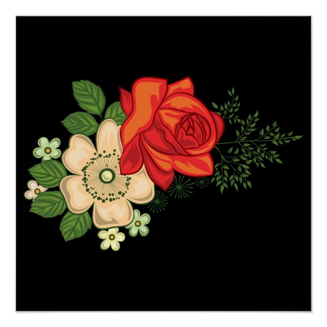 Rote Rose und Gänseblümchen vor schwarzem Hintergr Poster (Vorderseite)