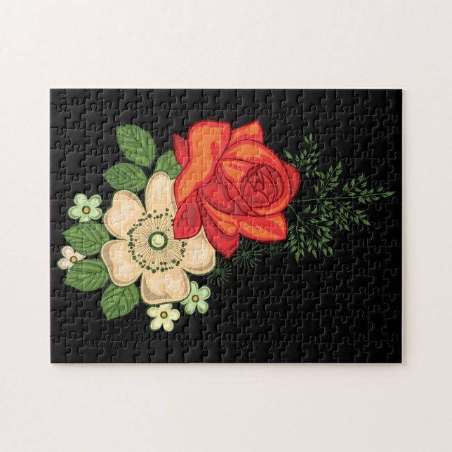 Rote Rose und Gänseblümchen vor schwarzem Hintergr Puzzle (Horizontal)