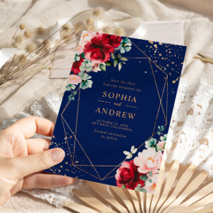 Rote Rose und Gold Aquarellblumen Save the Date Einladung