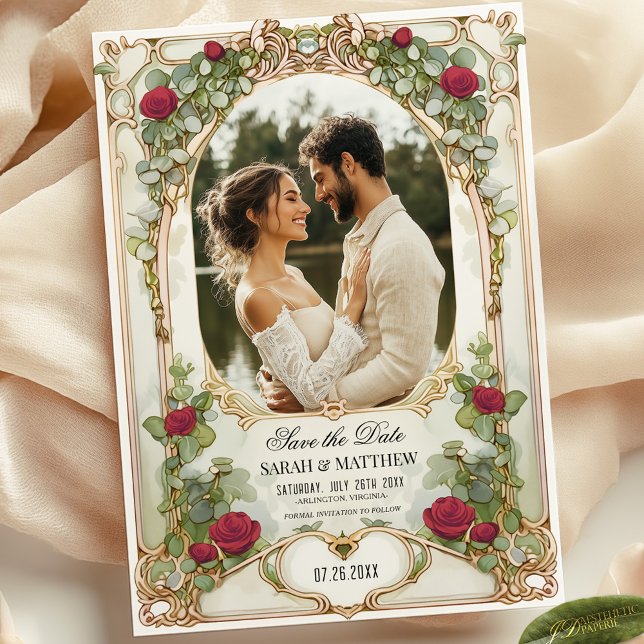 Rote Rose und Gold Save the Date mit Foto Einladung (Von Creator hochgeladen)