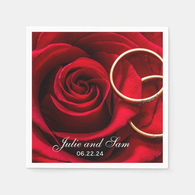 Rote Rose und Hochzeitsringe Personalisiert Napkin Serviette (Vorderseite)