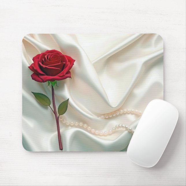 Rote Rose und Perlen auf Satin Mousepad (Mit Mouse)